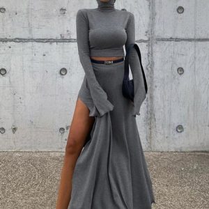 Trendy Loose Side Slit Skirt Two-Piece Set: Women's Y2K Hoodie and Skirt Outfit 2024