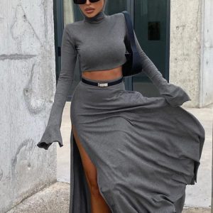 Trendy Loose Side Slit Skirt Two-Piece Set: Women's Y2K Hoodie and Skirt Outfit 2024