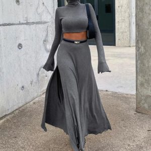 Trendy Loose Side Slit Skirt Two-Piece Set: Women's Y2K Hoodie and Skirt Outfit 2024