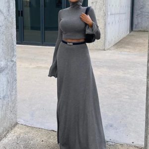 Trendy Loose Side Slit Skirt Two-Piece Set: Women's Y2K Hoodie and Skirt Outfit 2024