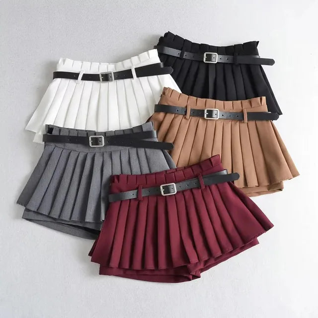 Trendy Low Waist Slim Mini Pleated Skirt with Belt - Y2K Fashion for Summer Style