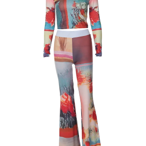 Trendy Matching Suit Print O-Neck T-Shirt & Trumpet Pants Set for Autumn Streetwear