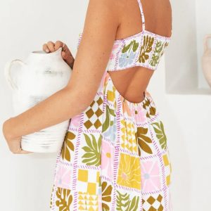 Trendy Printed Smocked Cutout Cami Dress for Y2K Aesthetic and Coquette Style