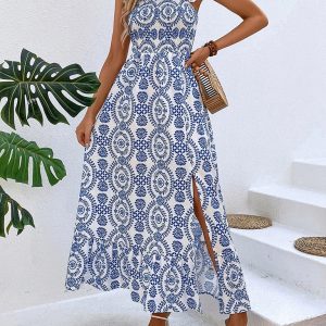 Trendy Women's Summer Strap Printed Sleeveless Slit Maxi Dress for Y2K Aesthetic Style