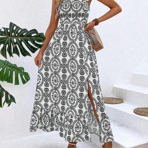 Trendy Women's Summer Strap Printed Sleeveless Slit Maxi Dress for Y2K Aesthetic Style