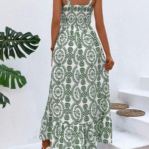 Trendy Women's Summer Strap Printed Sleeveless Slit Maxi Dress for Y2K Aesthetic Style