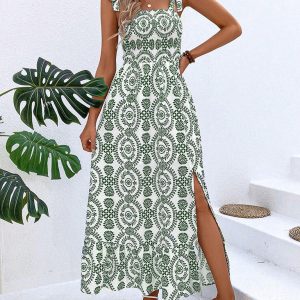 Trendy Women's Summer Strap Printed Sleeveless Slit Maxi Dress for Y2K Aesthetic Style