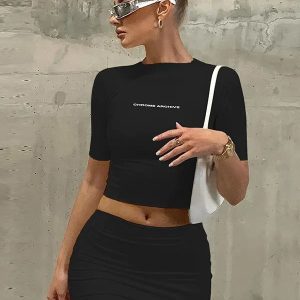 Trendy Y2K 2-Piece Set: Letter Print Short Sleeve Tee & High Waist Bodycon Mini Skirt