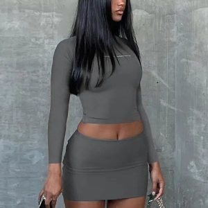 Trendy Y2K 2-Piece Set: Letter Print Short Sleeve Tee & High Waist Bodycon Mini Skirt