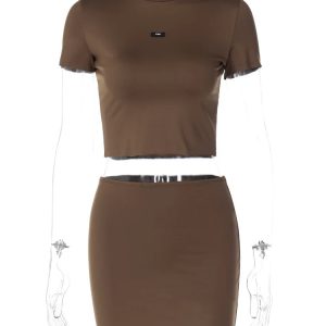 Trendy Y2K Aesthetic 2-Piece Set: Short Sleeve Crop Top & High Waist Bodycon Mini Skirt