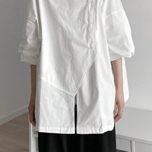 Trendy Y2K Fashion Bias-Breasted Irregular Placket Shirt for Aesthetic Outfits