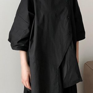 Trendy Y2K Fashion Bias-Breasted Irregular Placket Shirt for Aesthetic Outfits