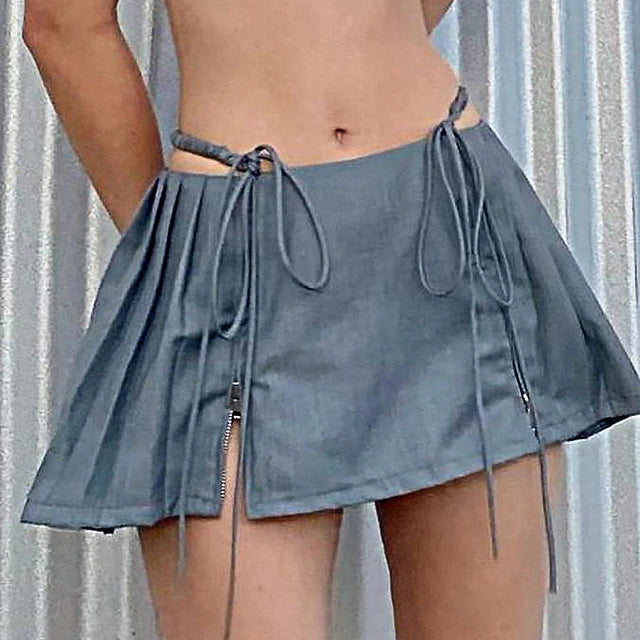 Trendy Y2K Grey Pleated Mini Skirt with Belt - Cute Casual A-Line Streetwear for Summer