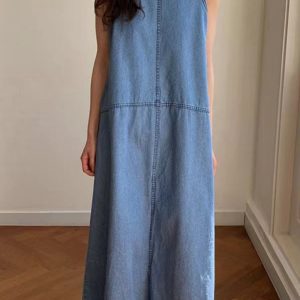 Trendy Y2K Sleeveless Split-Joint Denim Dress for Effortless Coquette Aesthetic Style