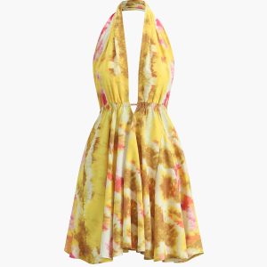 Tropical Print Y2K Halter Backless Dress for a Cute Coquette Aesthetic Look