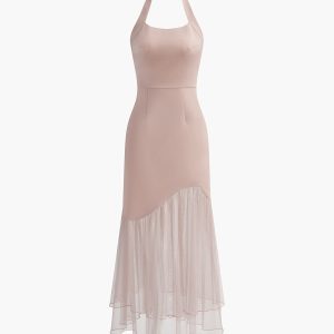 Tulle-Hem Slim Halter Dress for Y2K Fashion Lovers - Elegant Coquette Aesthetic Style