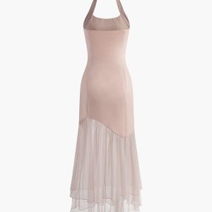 Tulle-Hem Slim Halter Dress for Y2K Fashion Lovers - Elegant Coquette Aesthetic Style