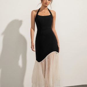 Tulle-Hem Slim Halter Dress for Y2K Fashion Lovers - Elegant Coquette Aesthetic Style