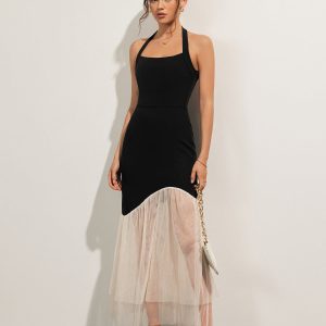 Tulle-Hem Slim Halter Dress for Y2K Fashion Lovers - Elegant Coquette Aesthetic Style