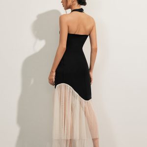 Tulle-Hem Slim Halter Dress for Y2K Fashion Lovers - Elegant Coquette Aesthetic Style