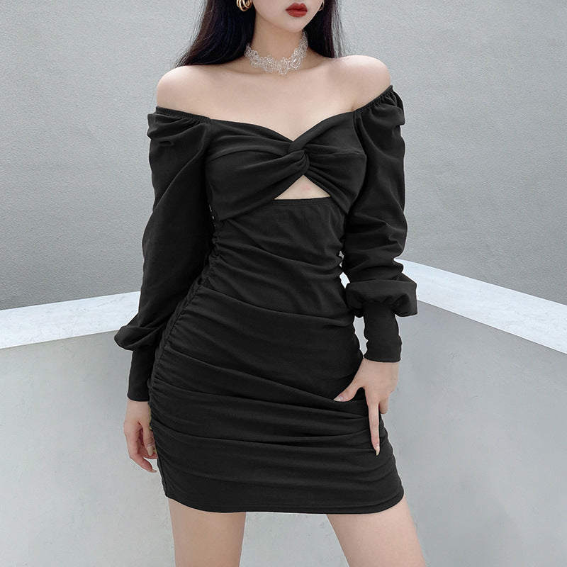 Twist Chest Cutout Puff Sleeve Pleated Dress - Y2K Aesthetic Fashion Statement