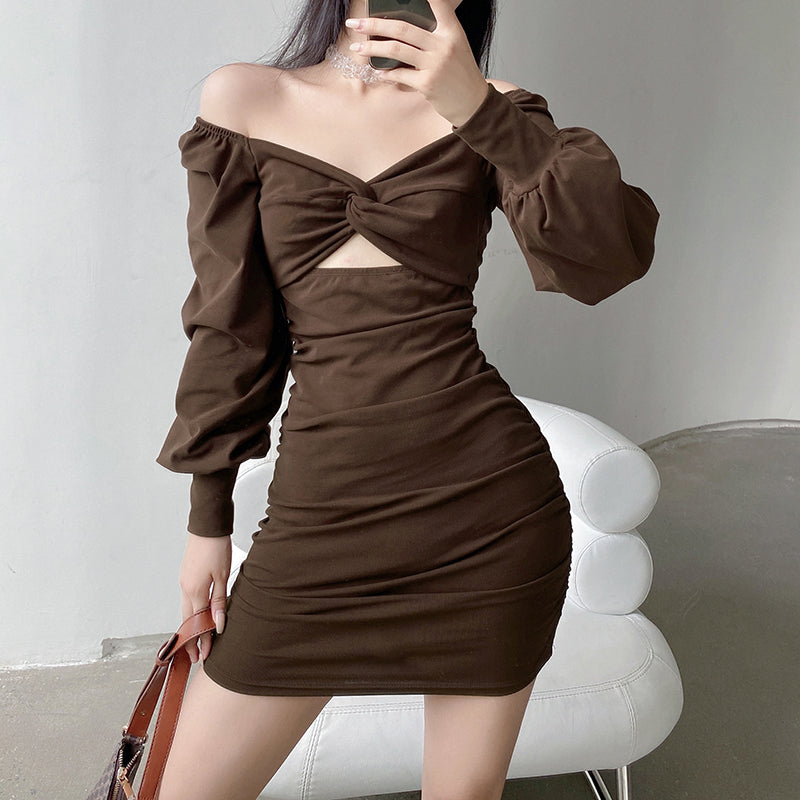 Twist Chest Cutout Puff Sleeve Pleated Dress - Y2K Aesthetic Fashion Statement