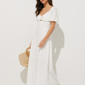 Twist Detail Puff Sleeve Cutout Maxi Dress - Y2K Aesthetic Fashion Statement