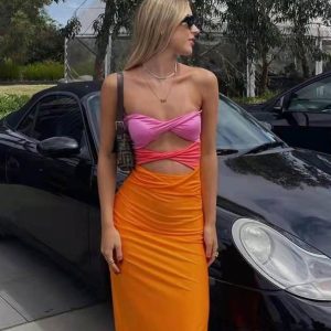 Twisted Front Cut-Out Contrast Midi Dress - Y2K Aesthetic Fashion for Trendy Outfits