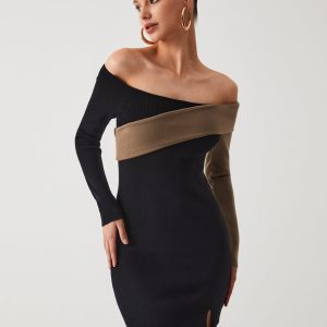 Two-Tone Asymmetric Sleeve Sweater Dress - Y2K Fashion Meets Coquette Aesthetic