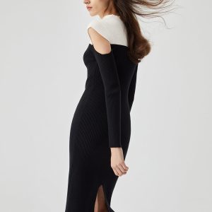 Two-Tone Patchwork Cold Shoulder Knit Midi Dress - Y2K Aesthetic Fashion Statement