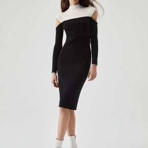 Two-Tone Patchwork Cold Shoulder Knit Midi Dress - Y2K Aesthetic Fashion Statement