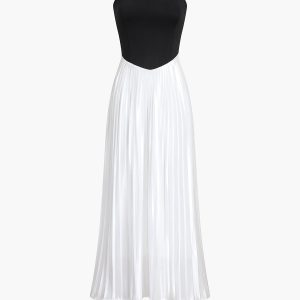 Two-Tone Pleated Hem Y2K Aesthetic Long Dress for Chic Coquette Style