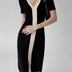 Two-Tone V-Neck Knit Midi Dress with Slit - Y2K Aesthetic Fashion Essential