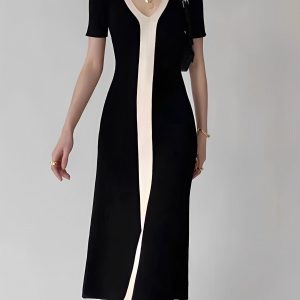 Two-Tone V-Neck Knit Midi Dress with Slit - Y2K Aesthetic Fashion Essential