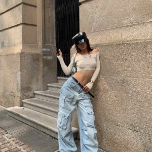 Tzivia Y2K Loose Cargo Jeans for Trendy Grunge Aesthetic Outfits and Comfy Style