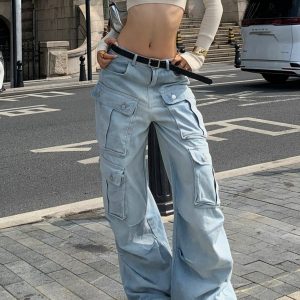 Tzivia Y2K Loose Cargo Jeans for Trendy Grunge Aesthetic Outfits and Comfy Style