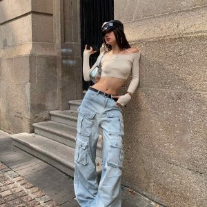 Tzivia Y2K Loose Cargo Jeans for Trendy Grunge Aesthetic Outfits and Comfy Style