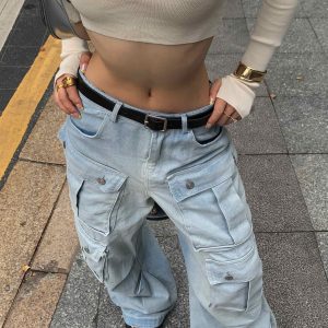 Tzivia Y2K Loose Cargo Jeans for Trendy Grunge Aesthetic Outfits and Comfy Style