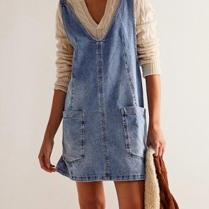 V-Neck Backless Denim Dress - Y2K Aesthetic Cute Summer Outfit for Effortless Style