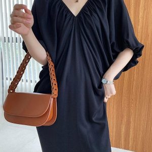 V-Neck Backless Doll Sleeve Dress - Y2K Fashion with Pleated Details for a Chic Look