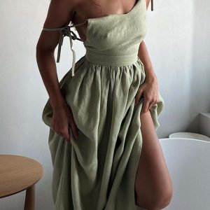 V-Neck Backless Tie Shoulder Midi Dress - Y2K Aesthetic Chic for Effortless Style