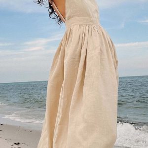 V-Neck Backless Tie Shoulder Midi Dress - Y2K Aesthetic Chic for Effortless Style