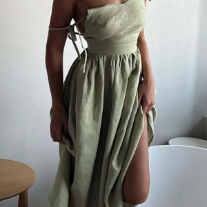 V-Neck Backless Tie Shoulder Midi Dress - Y2K Aesthetic Chic for Effortless Style