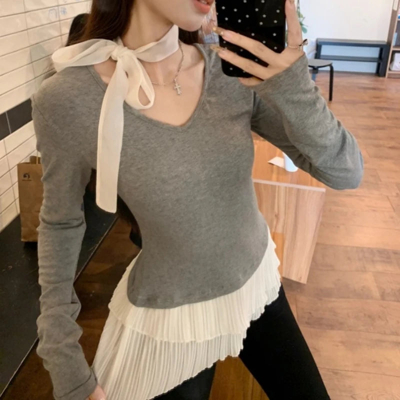 V-neck Bow Lace-up Casual Long-sleeved T-shirt - Y2K Aesthetic Contrast Color Pleated Top