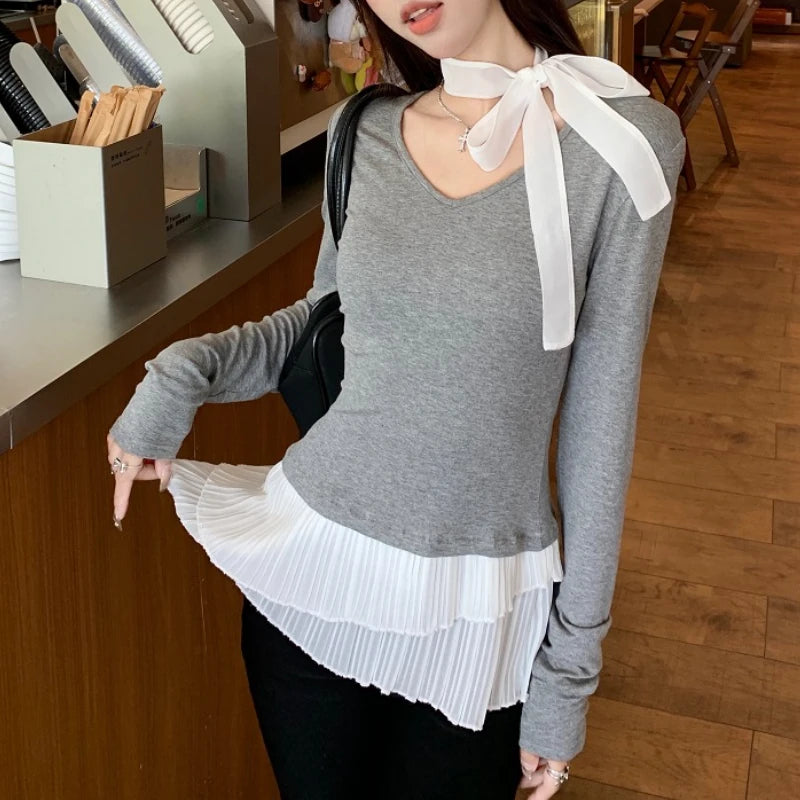 V-neck Bow Lace-up Casual Long-sleeved T-shirt - Y2K Aesthetic Contrast Color Pleated Top