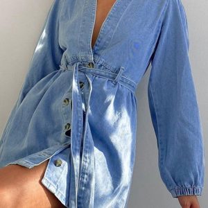 V-Neck Button Front Lace-Up Denim Dress - Y2K Aesthetic Cute Dress for Stylish Outfits