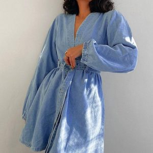 V-Neck Button Front Lace-Up Denim Dress - Y2K Aesthetic Cute Dress for Stylish Outfits