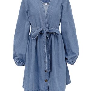 V-Neck Button Front Lace-Up Denim Dress - Y2K Aesthetic Cute Dress for Stylish Outfits