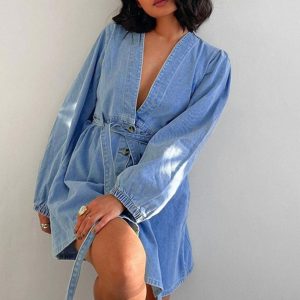 V-Neck Button Front Lace-Up Denim Dress - Y2K Aesthetic Cute Dress for Stylish Outfits