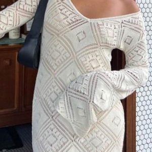 V-Neck Crochet Checkered Midi Dress - Y2K Aesthetic Hollow Out Style for Trendy Looks